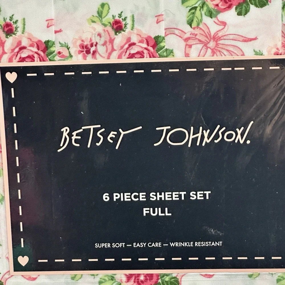 Betsey Johnson Full Sheet Set Floral Rose Bow Pink 6 Pc Bedding New